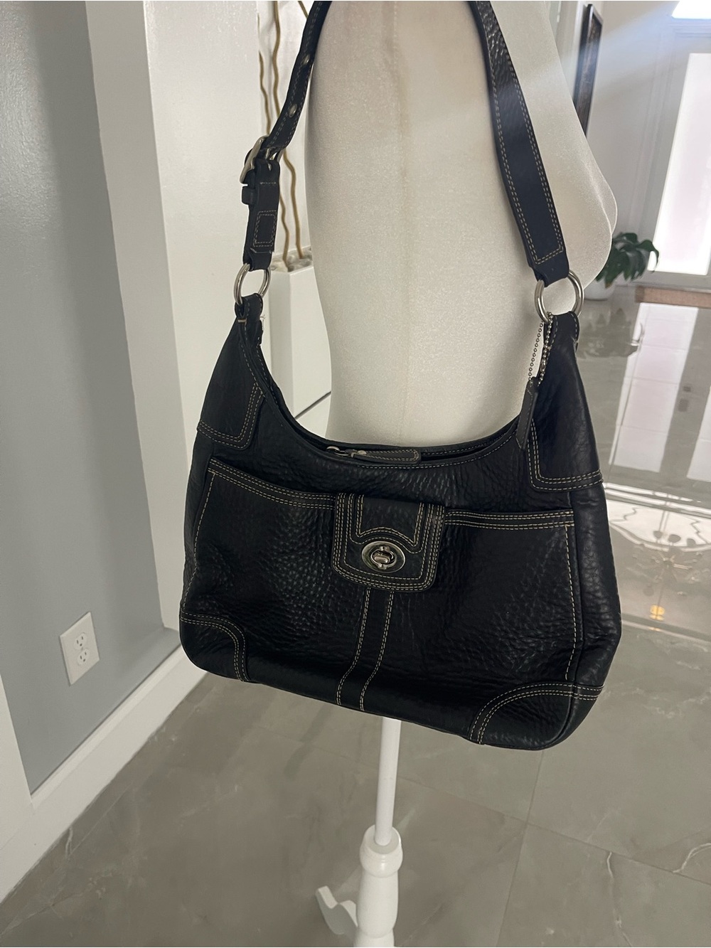 Black Leather Shoulder Bag with Contrast Stitching coach